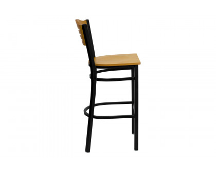 BLNK - HERCULES Series Black Metal Slat Back Restaurant Bar Stool with Natural Wood Back and Seat