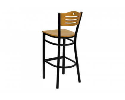 BLNK - HERCULES Series Black Metal Slat Back Restaurant Bar Stool with Natural Wood Back and Seat