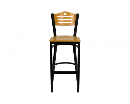 BLNK - HERCULES Series Black Metal Slat Back Restaurant Bar Stool with Natural Wood Back and Seat