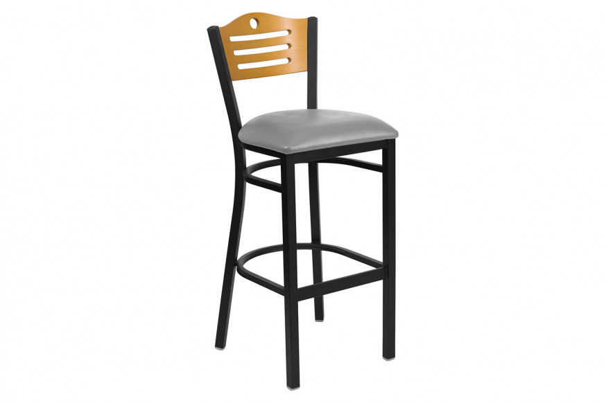 BLNK™ HERCULES Series Black Metal Slat Back Restaurant Bar Stool with Wood Back and Custom Upholstered Seat - Natural