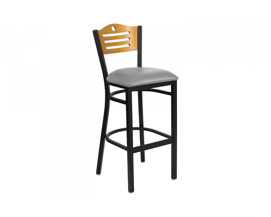 BLNK HERCULES Series Black Metal Slat Back Restaurant Bar Stool with Wood Back and Custom Upholstered Seat - Natural