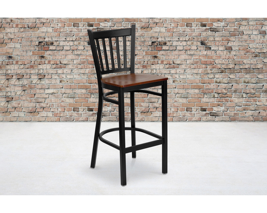 BLNK HERCULES Series Black Metal Vertical Back Restaurant Bar Stool with Wood Seat