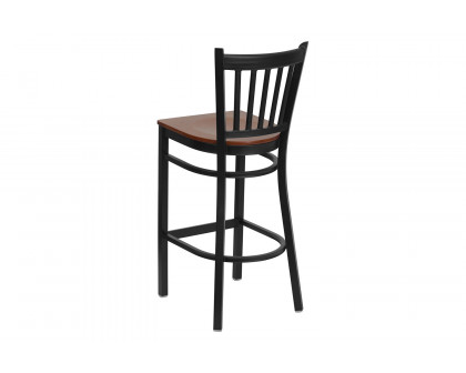 BLNK HERCULES Series Black Metal Vertical Back Restaurant Bar Stool with Wood Seat - Cherry