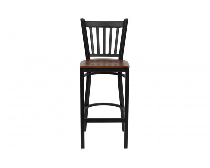 BLNK HERCULES Series Black Metal Vertical Back Restaurant Bar Stool with Wood Seat - Cherry