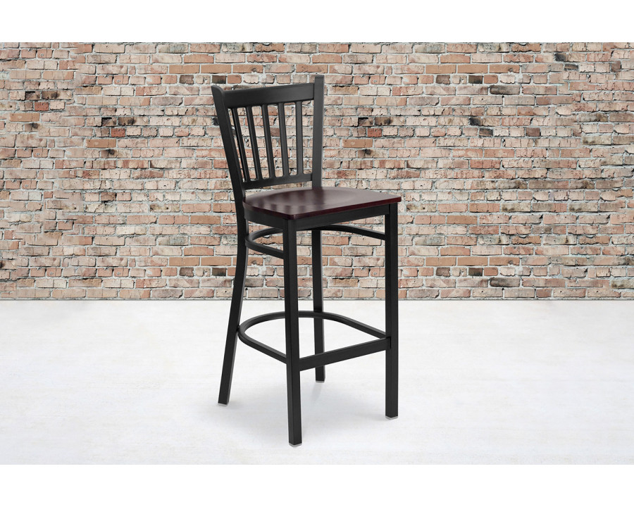 BLNK HERCULES Series Black Metal Vertical Back Restaurant Bar Stool with Wood Seat - Mahogany