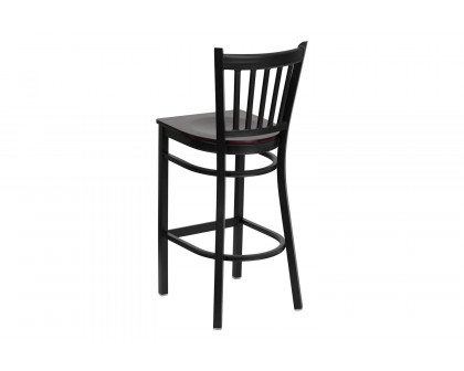 BLNK HERCULES Series Black Metal Vertical Back Restaurant Bar Stool with Wood Seat - Mahogany