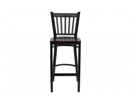 BLNK HERCULES Series Black Metal Vertical Back Restaurant Bar Stool with Wood Seat - Mahogany