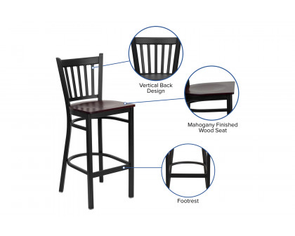 BLNK HERCULES Series Black Metal Vertical Back Restaurant Bar Stool with Wood Seat - Mahogany