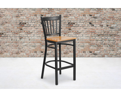 BLNK HERCULES Series Black Metal Vertical Back Restaurant Bar Stool with Wood Seat