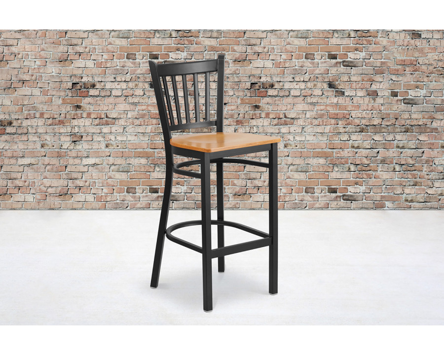 BLNK HERCULES Series Black Metal Vertical Back Restaurant Bar Stool with Wood Seat - Natural