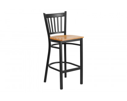 BLNK HERCULES Series Black Metal Vertical Back Restaurant Bar Stool with Wood Seat - Natural