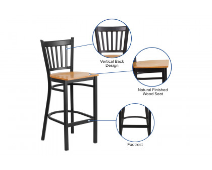 BLNK HERCULES Series Black Metal Vertical Back Restaurant Bar Stool with Wood Seat - Natural