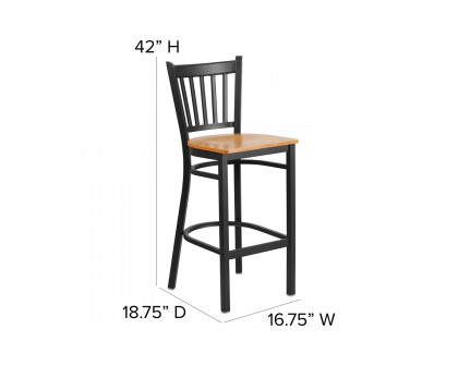 BLNK HERCULES Series Black Metal Vertical Back Restaurant Bar Stool with Wood Seat - Natural