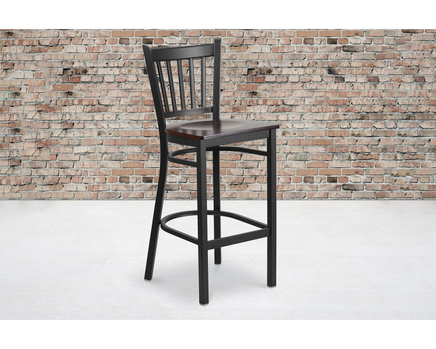 BLNK HERCULES Series Black Metal Vertical Back Restaurant Bar Stool with Wood Seat - Walnut