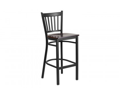 BLNK HERCULES Series Black Metal Vertical Back Restaurant Bar Stool with Wood Seat - Walnut