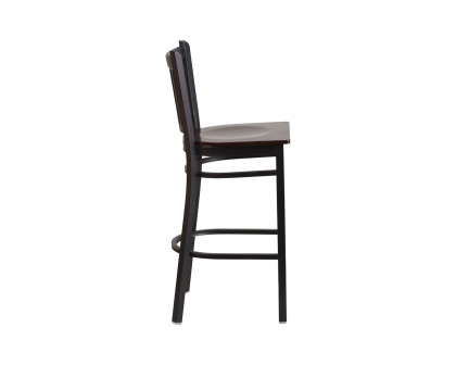 BLNK HERCULES Series Black Metal Vertical Back Restaurant Bar Stool with Wood Seat - Walnut