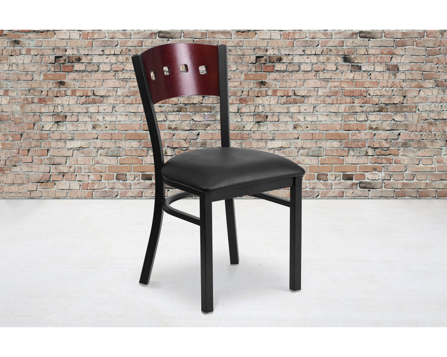 BLNK HERCULES Series Black Metal 4 Square Back Restaurant Chair with Mahogany Wood Back and Vinyl Seat