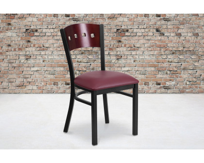 BLNK HERCULES Series Black Metal 4 Square Back Restaurant Chair with Mahogany Wood Back and Vinyl Seat