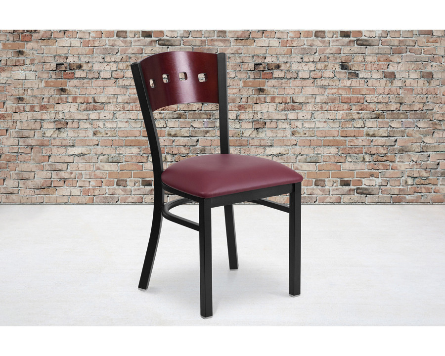 BLNK HERCULES Series Black Metal 4 Square Back Restaurant Chair with Mahogany Wood Back and Vinyl Seat - Burgundy