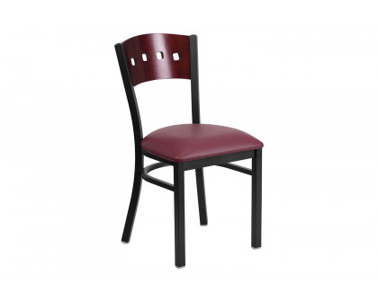 BLNK HERCULES Series Black Metal 4 Square Back Restaurant Chair with Mahogany Wood Back and Vinyl Seat - Burgundy