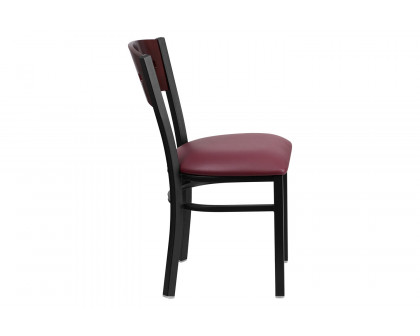 BLNK HERCULES Series Black Metal 4 Square Back Restaurant Chair with Mahogany Wood Back and Vinyl Seat - Burgundy