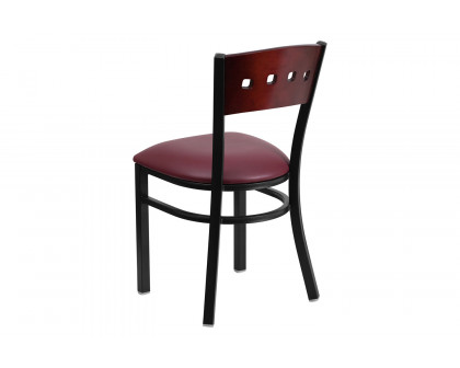 BLNK HERCULES Series Black Metal 4 Square Back Restaurant Chair with Mahogany Wood Back and Vinyl Seat - Burgundy