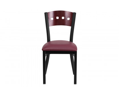 BLNK HERCULES Series Black Metal 4 Square Back Restaurant Chair with Mahogany Wood Back and Vinyl Seat - Burgundy