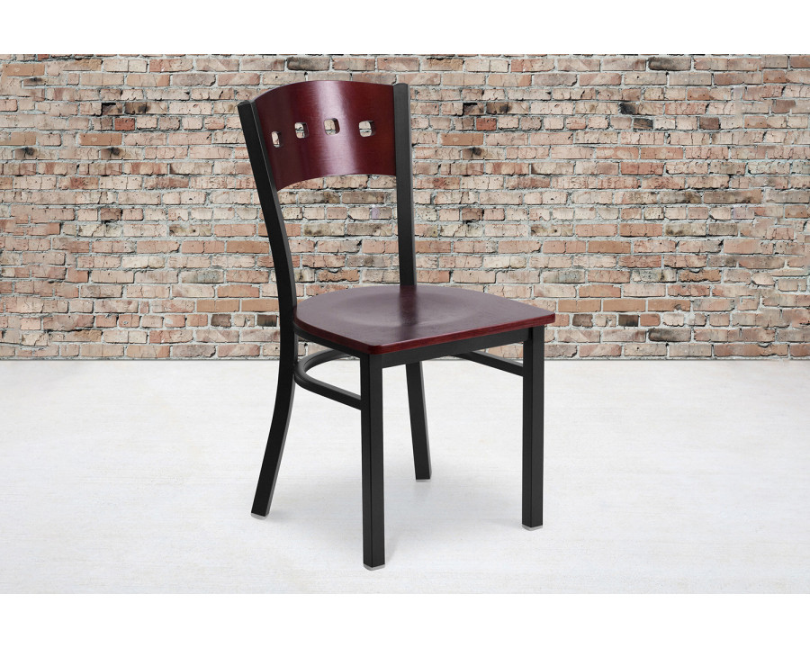 BLNK - HERCULES Series Black Metal 4 Square Back Restaurant Chair with Mahogany Wood Back and Seat