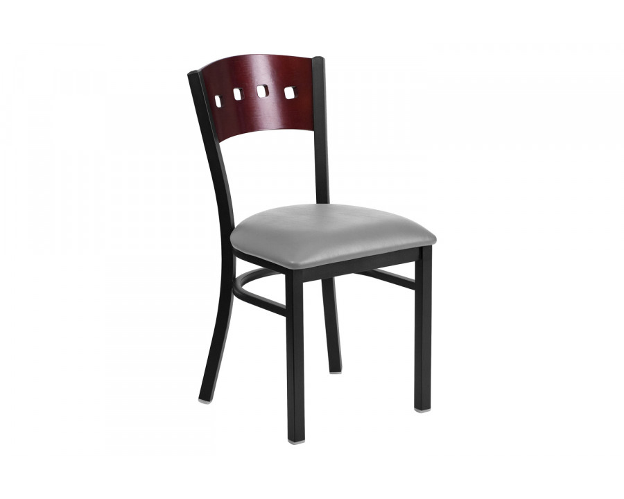 BLNK - HERCULES Series Black Metal 4 Square Back Restaurant Chair with Mahogany Wood Back and Custom Upholstered Seat