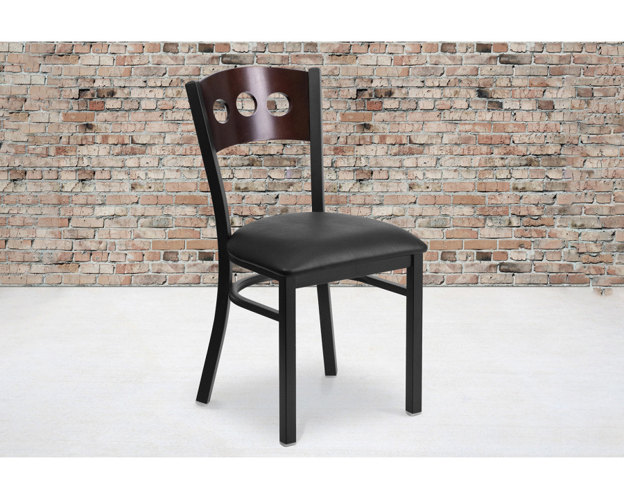 BLNK HERCULES Series Black Metal 3 Circle Back Restaurant Chair with Walnut Wood Back and Vinyl Seat - Black