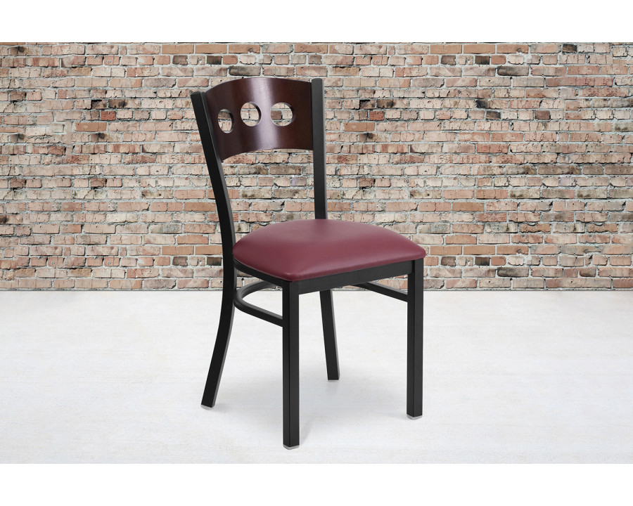 BLNK HERCULES Series Black Metal 3 Circle Back Restaurant Chair with Walnut Wood Back and Vinyl Seat