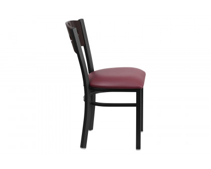 BLNK HERCULES Series Black Metal 3 Circle Back Restaurant Chair with Walnut Wood Back and Vinyl Seat - Burgundy