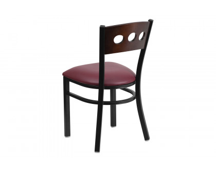 BLNK HERCULES Series Black Metal 3 Circle Back Restaurant Chair with Walnut Wood Back and Vinyl Seat - Burgundy