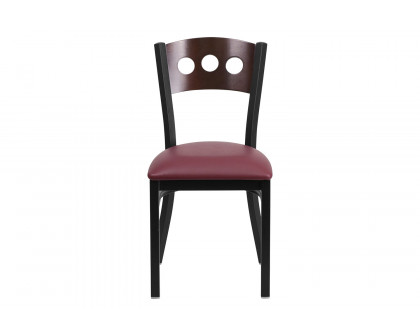 BLNK HERCULES Series Black Metal 3 Circle Back Restaurant Chair with Walnut Wood Back and Vinyl Seat - Burgundy