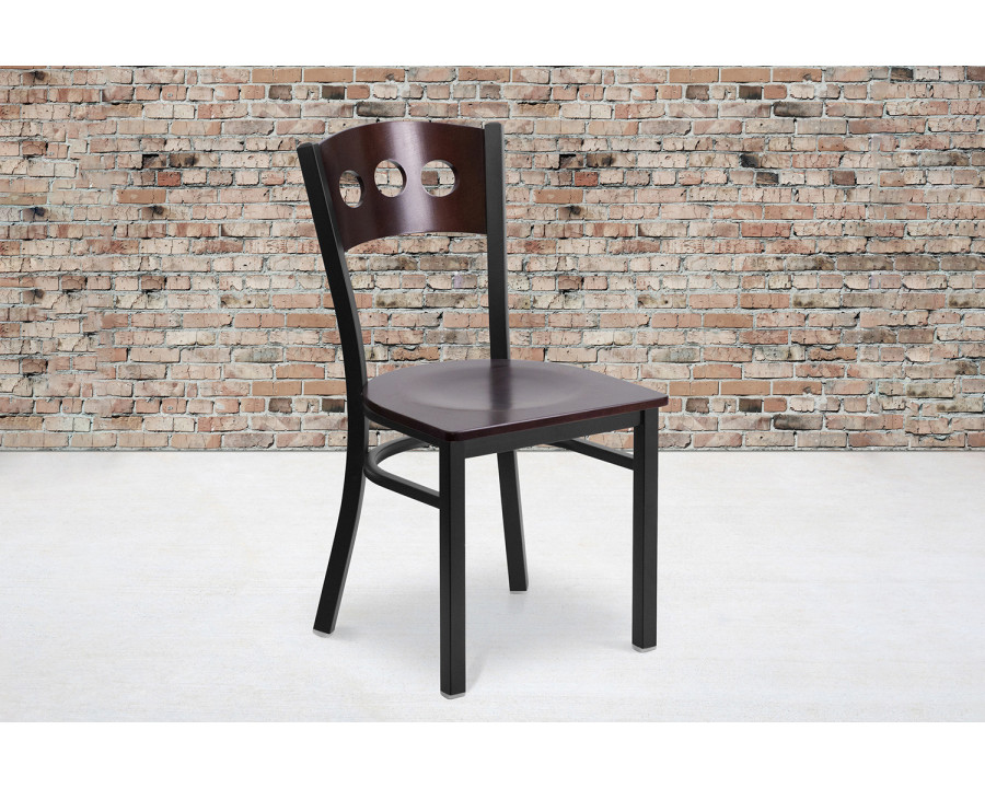 BLNK - HERCULES Series Black Metal 3 Circle Back Restaurant Chair with Walnut Wood Back and Seat