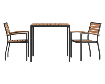 BLNK - Lark Outdoor Dining Table Set with Synthetic Teak Poly Slats, 35" Square Steel Framed Table with Umbrella Hole and 2 Club Chairs