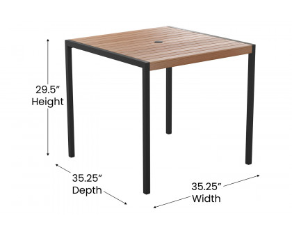 BLNK - Lark Outdoor Dining Table Set with Synthetic Teak Poly Slats, 35" Square Steel Framed Table with Umbrella Hole and 2 Club Chairs