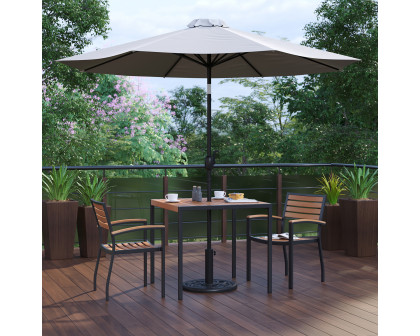 BLNK Lark Outdoor Patio Table Set with 2 Synthetic Teak Stackable Chairs, Square Table, Umbrella and Base