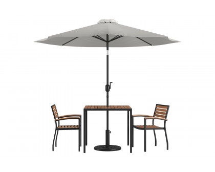 BLNK Lark Outdoor Patio Table Set with 2 Synthetic Teak Stackable Chairs, Square Table, Umbrella and Base - Gray