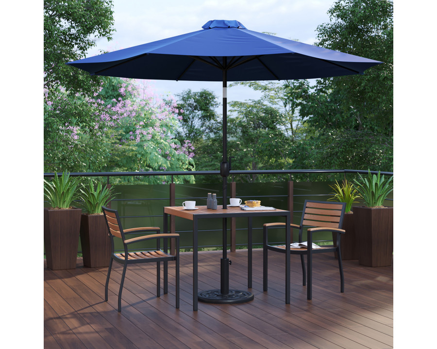 BLNK Lark Outdoor Patio Table Set with 2 Synthetic Teak Stackable Chairs, Square Table, Umbrella and Base