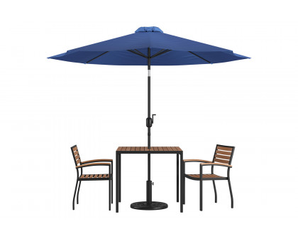 BLNK Lark Outdoor Patio Table Set with 2 Synthetic Teak Stackable Chairs, Square Table, Umbrella and Base