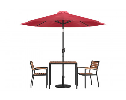 BLNK Lark Outdoor Patio Table Set with 2 Synthetic Teak Stackable Chairs, 35" Square Table, Teal Umbrella and Base