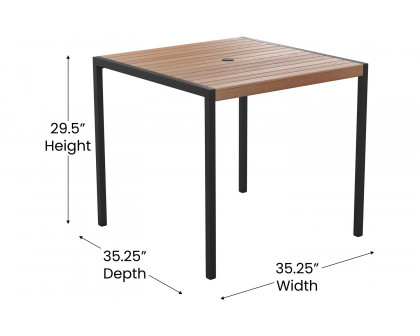 BLNK Lark Outdoor Patio Table Set with 2 Synthetic Teak Stackable Chairs, 35" Square Table, Red Umbrella and Base 5 Piece