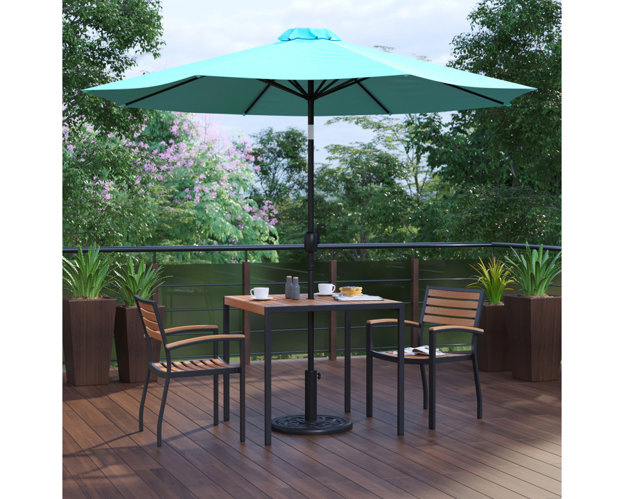 BLNK Lark Outdoor Patio Table Set with 2 Synthetic Teak Stackable Chairs, 35" Square Table, Teal Umbrella and Base