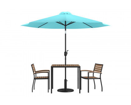 BLNK Lark Outdoor Patio Table Set with 2 Synthetic Teak Stackable Chairs, 35" Square Table, Teal Umbrella and Base