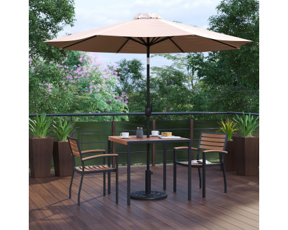 BLNK Lark Outdoor Patio Table Set with 2 Synthetic Teak Stackable Chairs, Square Table, Umbrella and Base