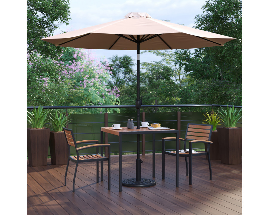 BLNK Lark Outdoor Patio Table Set with 2 Synthetic Teak Stackable Chairs, Square Table, Umbrella and Base - Tan