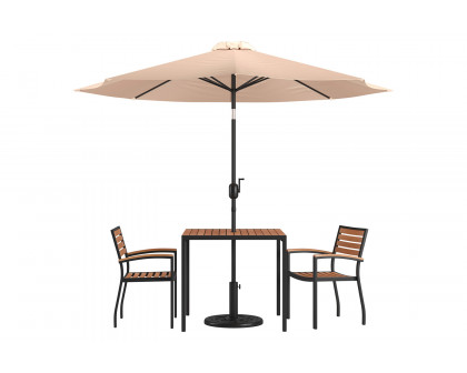 BLNK Lark Outdoor Patio Table Set with 2 Synthetic Teak Stackable Chairs, Square Table, Umbrella and Base - Tan