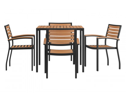 BLNK - Lark Outdoor Dining Table Set with Synthetic Teak Poly Slats, 35" Square Steel Framed Table with Umbrella Hole and 4 Club Chairs