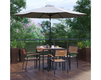 BLNK Lark Outdoor Patio Table Set with 4 Synthetic Teak Stackable Chairs, Square Table, Umbrella and Base